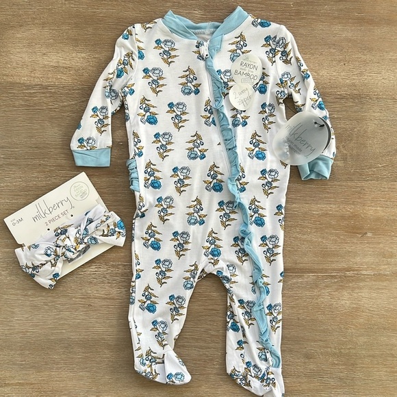 milkberry Other - Milkberry Baby Girl Bamboo Footie Blue Floral Ruffle Headband 0-3 6-9 months